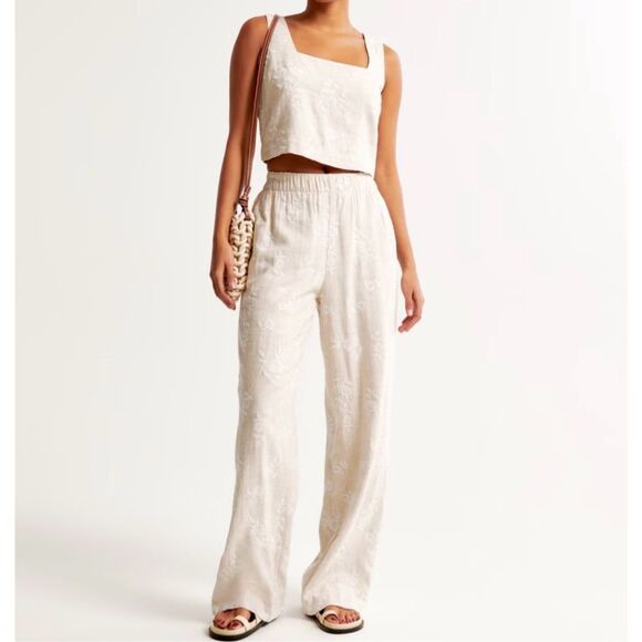 Abercrombie & Fitch Other - Abercrombie tan embroidered linen tank pant set medium/ large